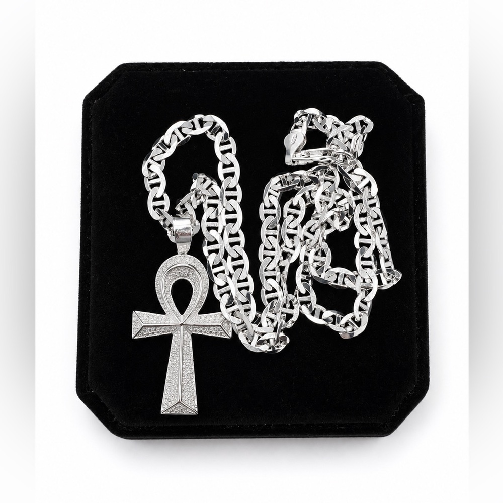 925 Sterling Silver MOISSANITE Ankh Pendant Necklace Mariner’s Chain Size 20”